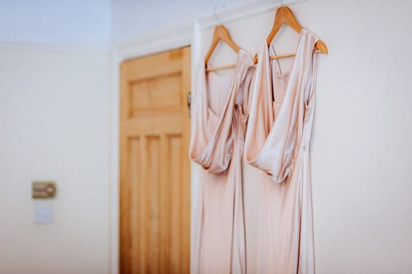 Bridesmaid dresses hanging on back of door