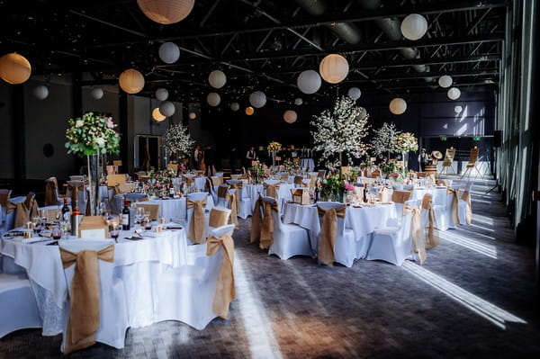 Rustic wedding styling in reception room at Titanic Hotel Liverpool