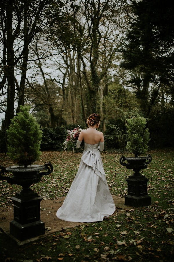 Back of bride's silver dress