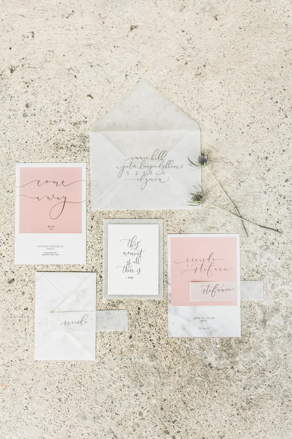 Elegant pink and grey stationery for Lake Como wedding