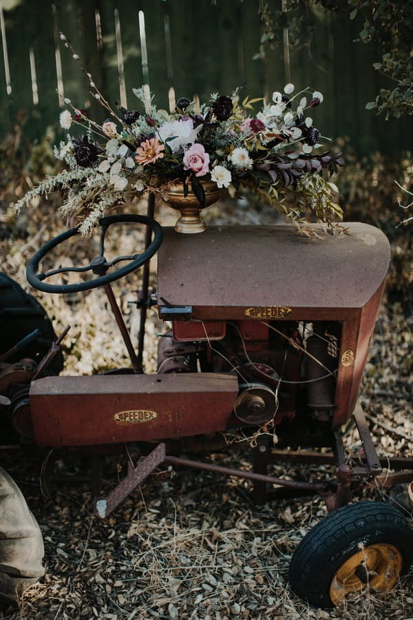 Wedding flowers on farm machinery