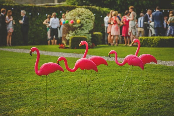 Pink flamingo decorations at Colehayes Park wedding