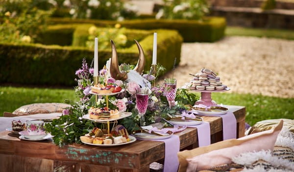 Large timber table with lavender wedding styling