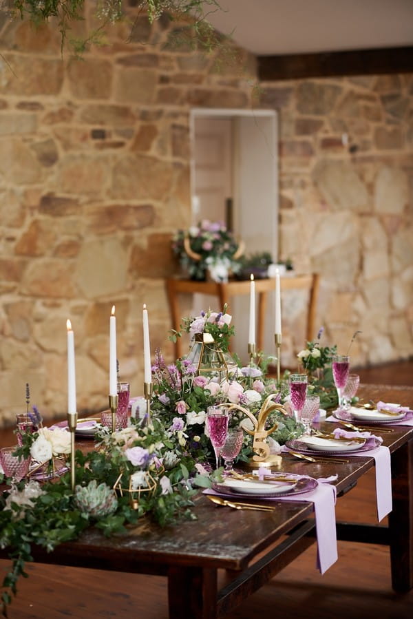 Wedding table with purple and lavender styling