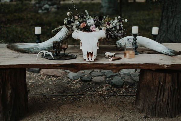 Animal skull and flowers on table