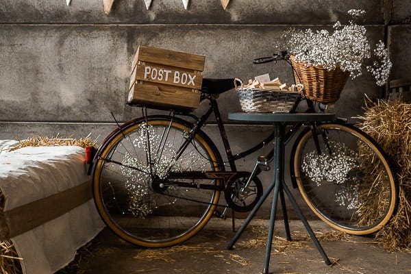 Old bicycle with box for wedding cards