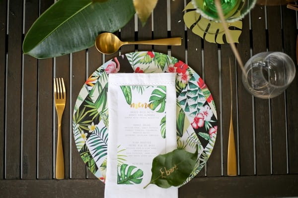 Wedding place setting with botanical wedding styling