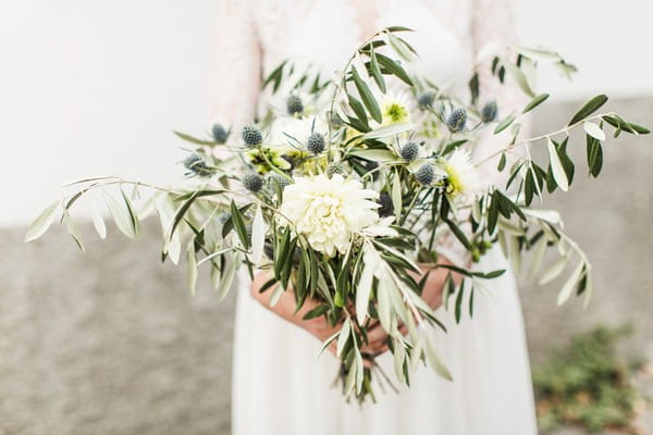 Bridal bouquet of thistles and eucalyptus