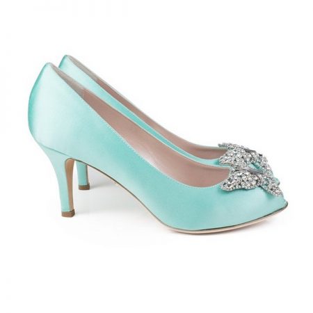 Farfalla Tiffany Blue Satin Open Toe Low Heel Bridal Shoes by Aruna Seth