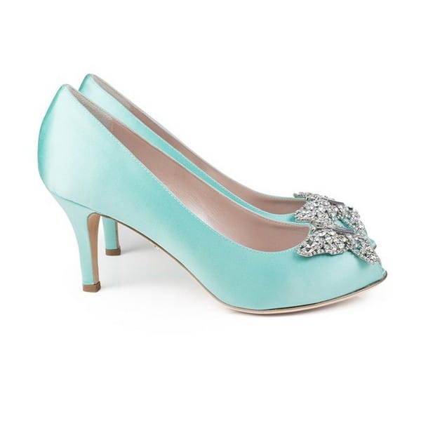 Farfalla Tiffany Blue Satin Open Toe Low Heel Bridal Shoes by Aruna Seth