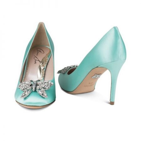 Farfalla Tiffany Blue Satin Round Toe Bridal Shoes by Aruna Seth