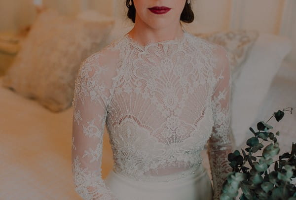 Lace detail on front of bride's dress