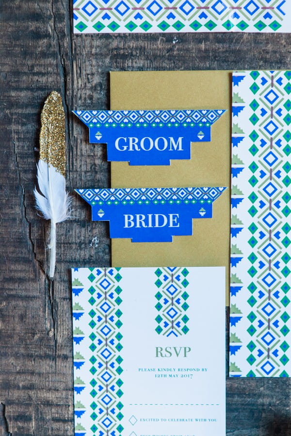 Blue geometric wedding place cards