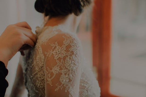 Lace detail on bride's wedding dress