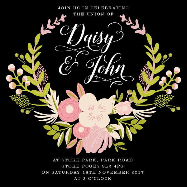 Black Wedding Invitation with Flowers and Foliage