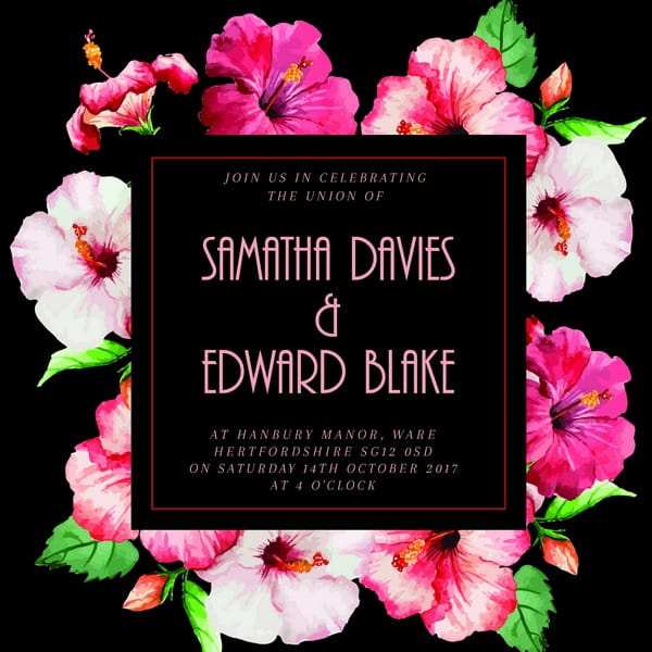 Black Wedding Invitation with Pink Flowers