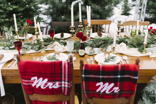 Mr and Mrs blankets on back of wedding chairs