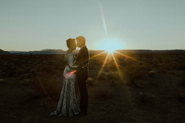 Bride and groom facing each other as sun sets - Picture by Forged in the North