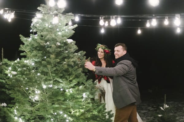 Bride and groom decorating Christmas tree