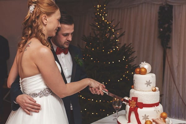 Bride and groom cutting Christmas wedding cake