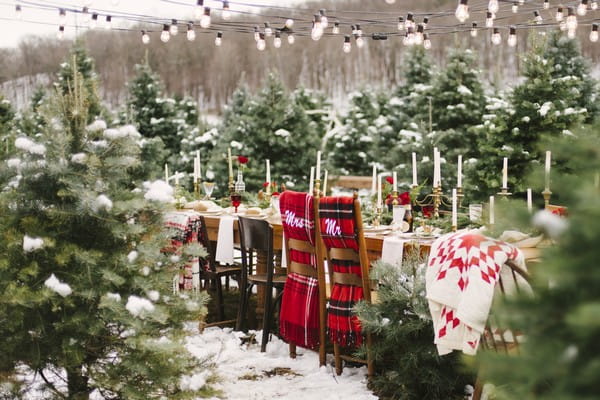 Wedding table in middle of Christmas tree farm