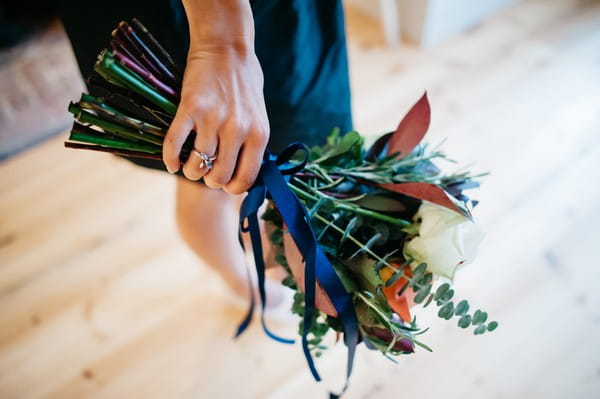 Blue Ribbon Tied Around Wedding Bouquet