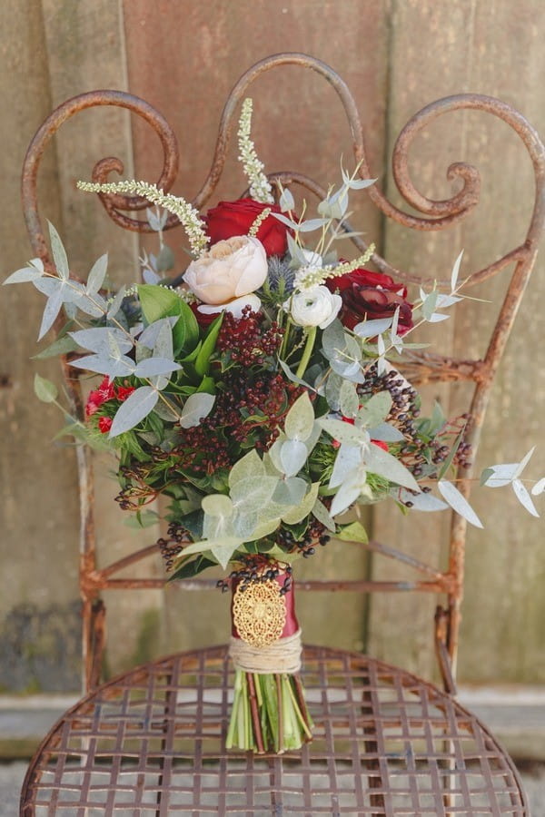 Winter Wedding Bouquet with Dark Red Berries and Leaves