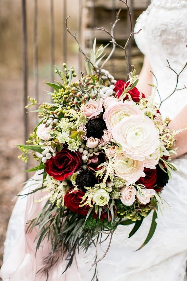 Winter Wedding Bouquet with White Ranunculus and Red Roses