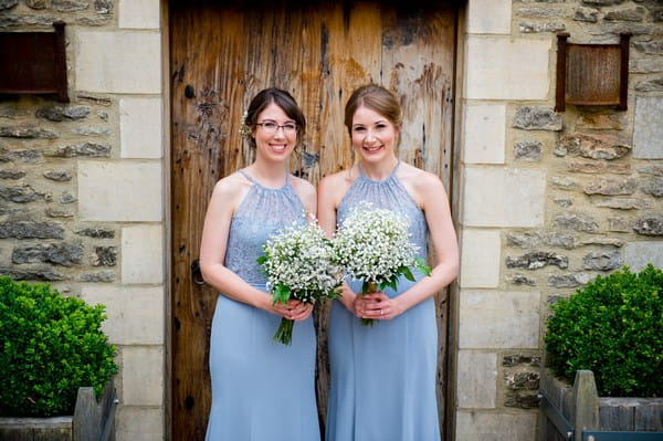 Bridesmaids in blue Dessy dresses