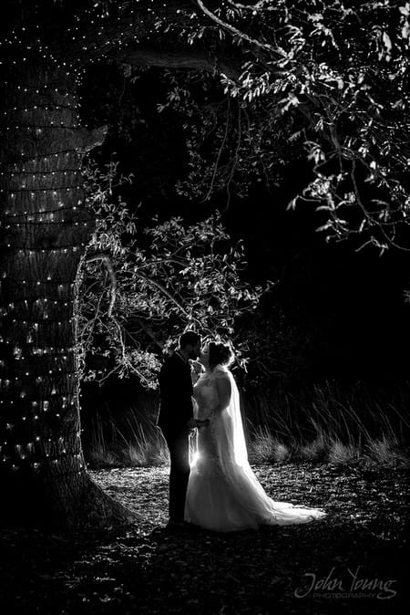 Bride and groom kissing by tree covered in fairy lights - Picture by John Young Photography