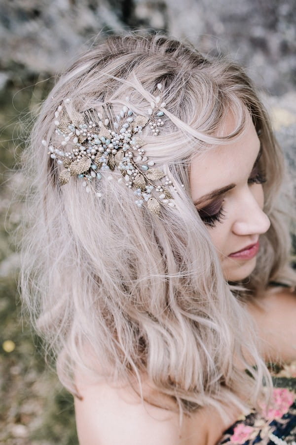 Bride wearing bridal hairpiece