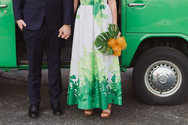 Wedding dress with green fern design