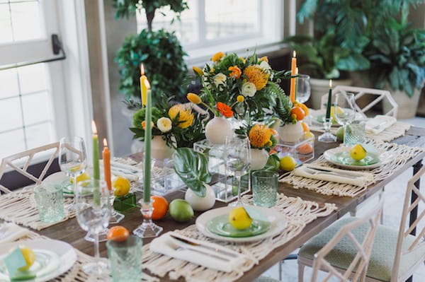 Table with citrus wedding styling