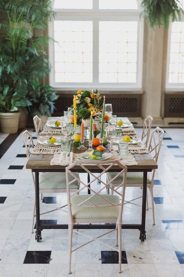 Wedding table with citrus wedding styling