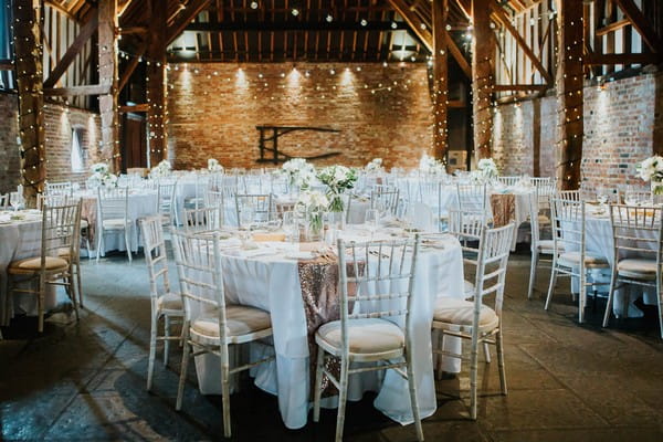 Wedding tables in Cooling Castle Barn