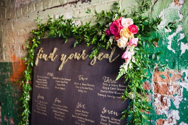 Wedding table plan with colourful floral decoration