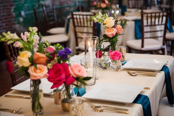 Colourful flowers on wedding table