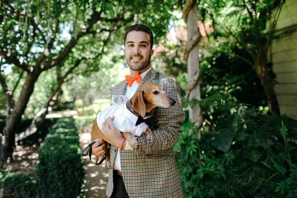 Man holding dog at wedding