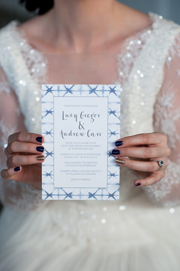 Indigo Shibori style wedding invitation