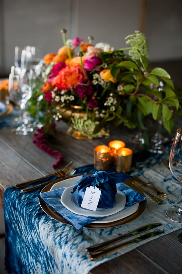 Indigo Shibori styled wedding place setting