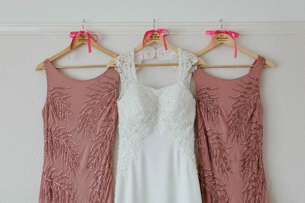 Wedding dress between muted pink bridesmaid dresses