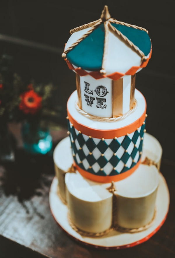 Teal, white and gold wedding cake by Claire's Sweet Temptations