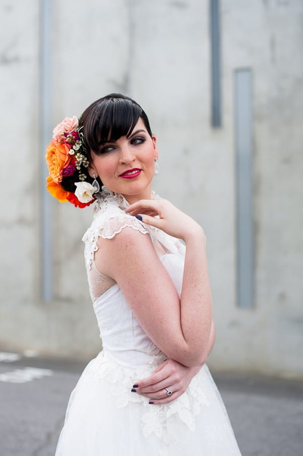 Bride looking over shoulder