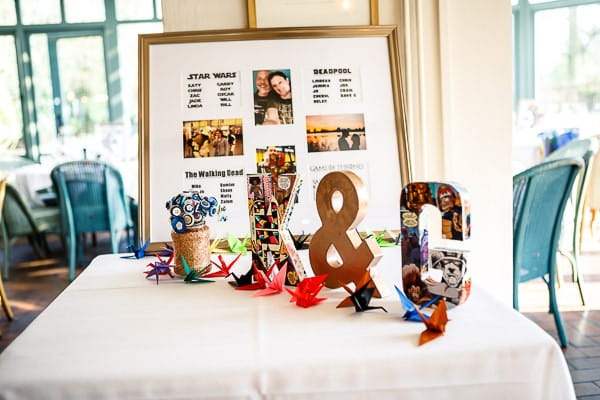 Initials and wedding seating plan on table