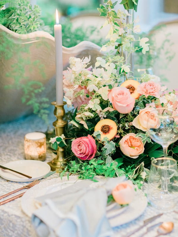 Wedding flowers with peach halves