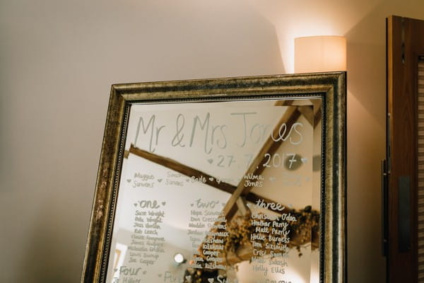 Wedding table plan written on mirror