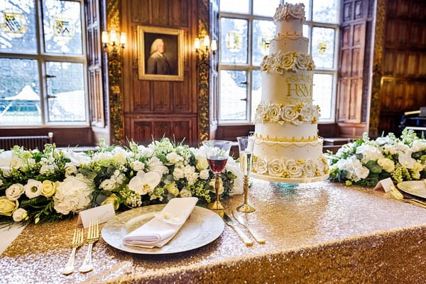 Prediction of the royal wedding cake on gold sequin tablecloth