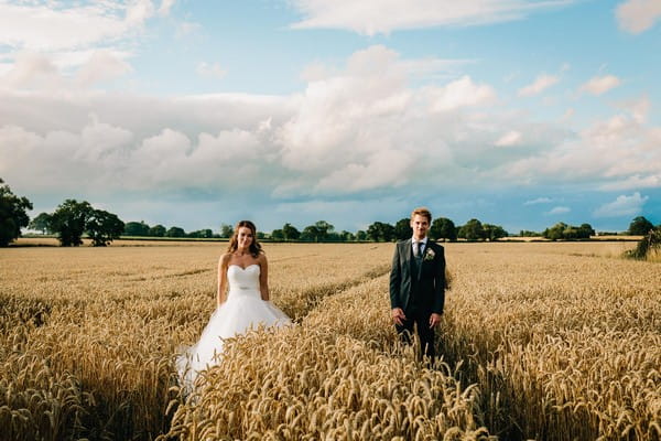 Bride and groom standing in cornfield