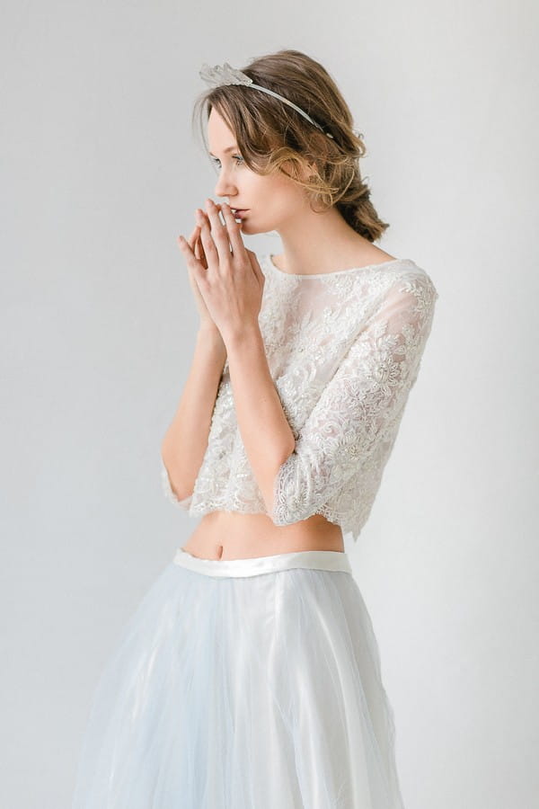 Bride wearing lace detailed crop top