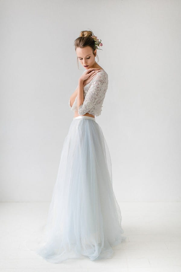Side view of bride's two-piece wedding dress